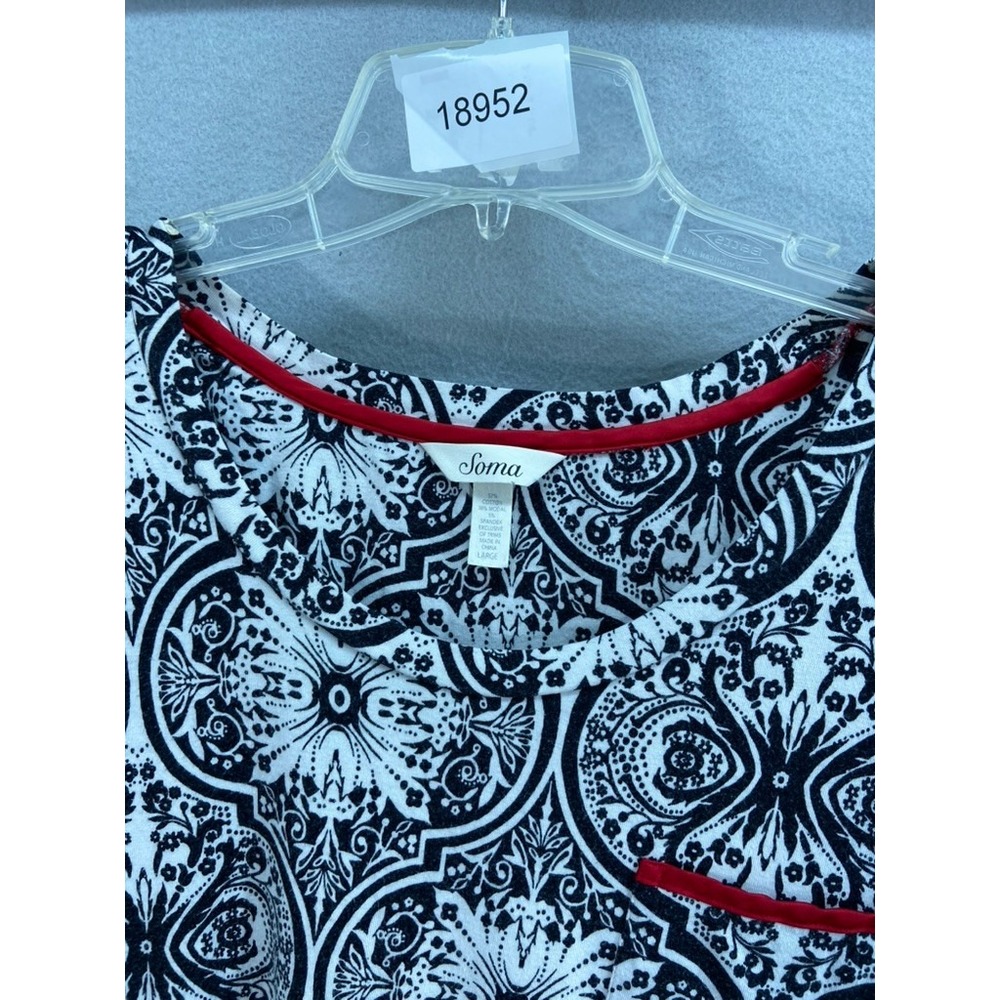 Soma Gown Sz L Black White Pattern 3/4 Sleeve Dress with Red Trim Nightgown - Picture 9 of 9